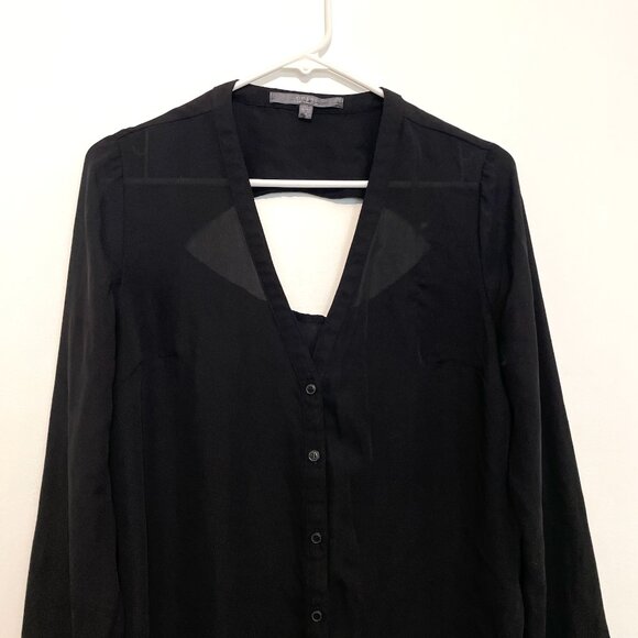 GUESS Black Chiffon V-Neck Long Sleeve Cutout Back Y2K Button Down Shirt Blouse - Picture 3 of 15